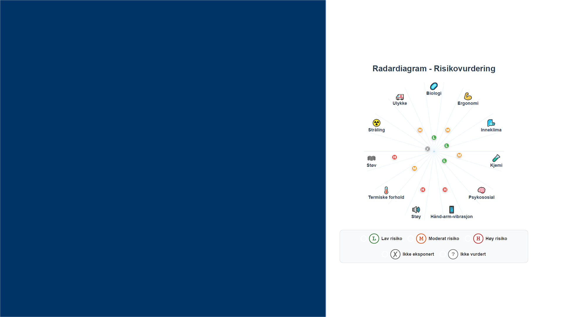 Radardiagram som viser visuell risikofordeling på tvers av HMS-kategorier
