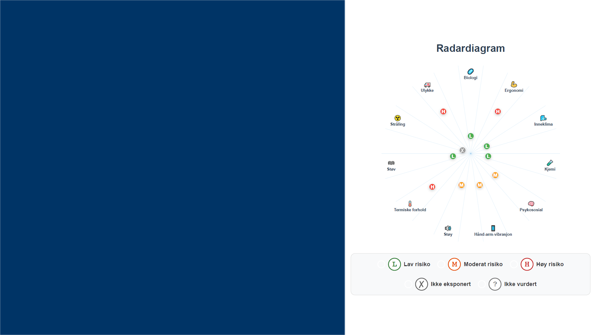 Radardiagram som viser visuell risikofordeling på tvers av HMS-kategorier